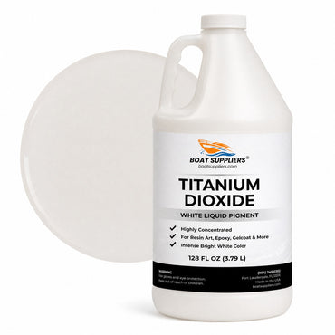 Titanium White liquid pigment 1 gallon jug beside a glossy bright white color swatch