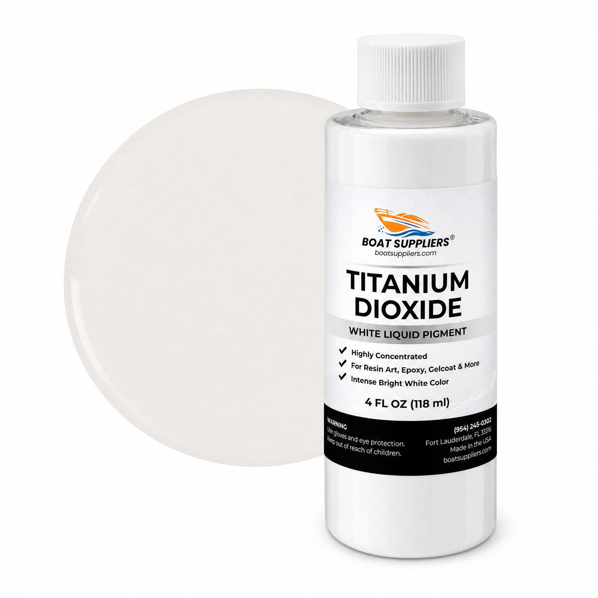 Titanium White liquid pigment 4 oz bottle beside a glossy bright white color swatch