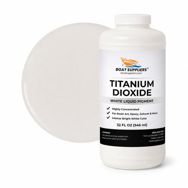 Titanium White liquid pigment quart bottle beside a glossy bright white color swatch