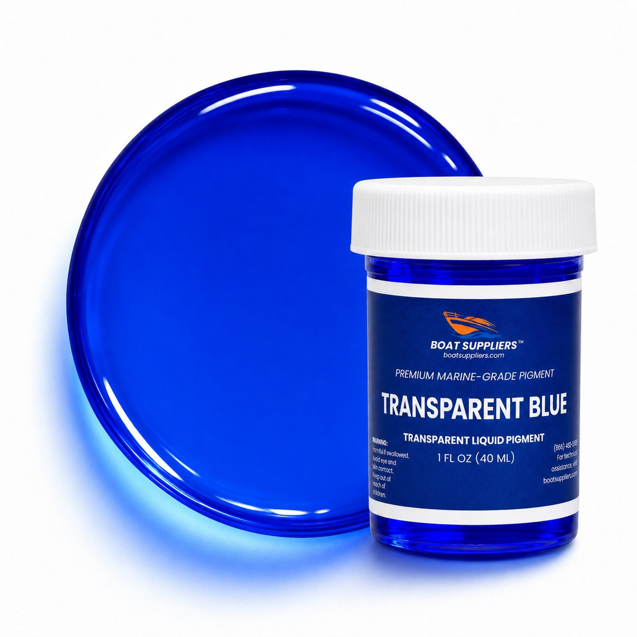 Transparent Blue liquid pigment 1 oz jar beside a glossy translucent sapphire blue pour