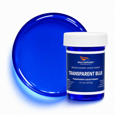 Transparent Blue liquid pigment 1 oz jar beside a glossy translucent sapphire blue pour