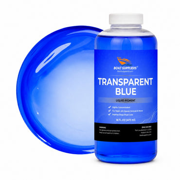 Transparent Blue liquid pigment pint bottle beside a glossy translucent sapphire blue pour