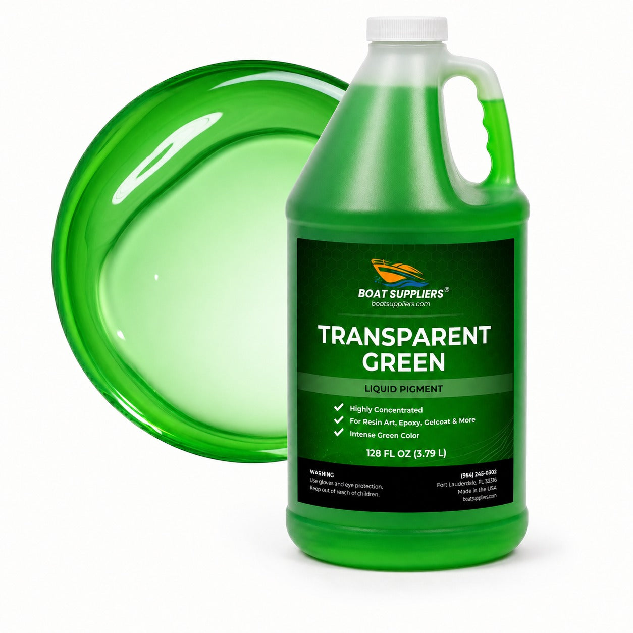 Transparent Green liquid pigment 1 gallon jug beside a glossy translucent emerald green pour