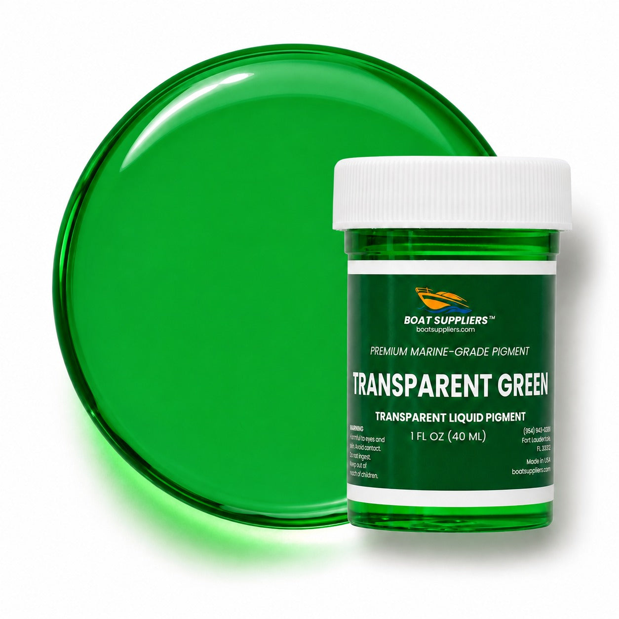 Transparent Green liquid pigment 1 oz jar beside a glossy translucent emerald green pour