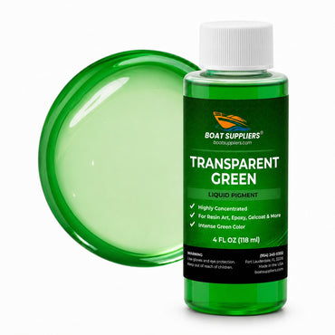 Transparent Green liquid pigment 4 oz bottle beside a glossy translucent emerald green pour