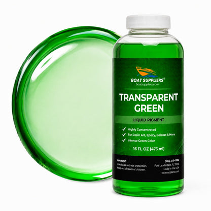Transparent Green liquid pigment pint bottle beside a glossy translucent emerald green pour