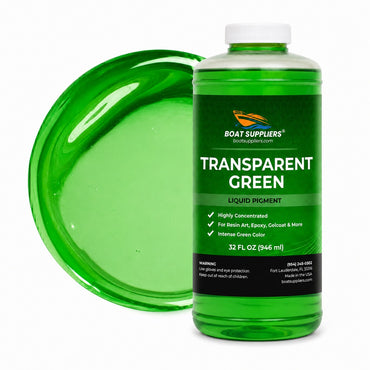 Transparent Green liquid pigment quart bottle beside a glossy translucent emerald green pour