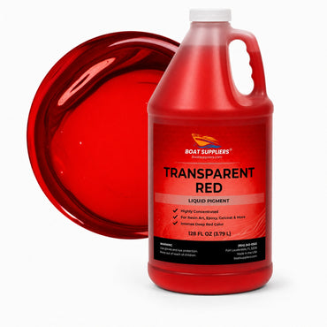 Transparent Red liquid pigment 1 gallon jug beside a glossy translucent ruby red pour