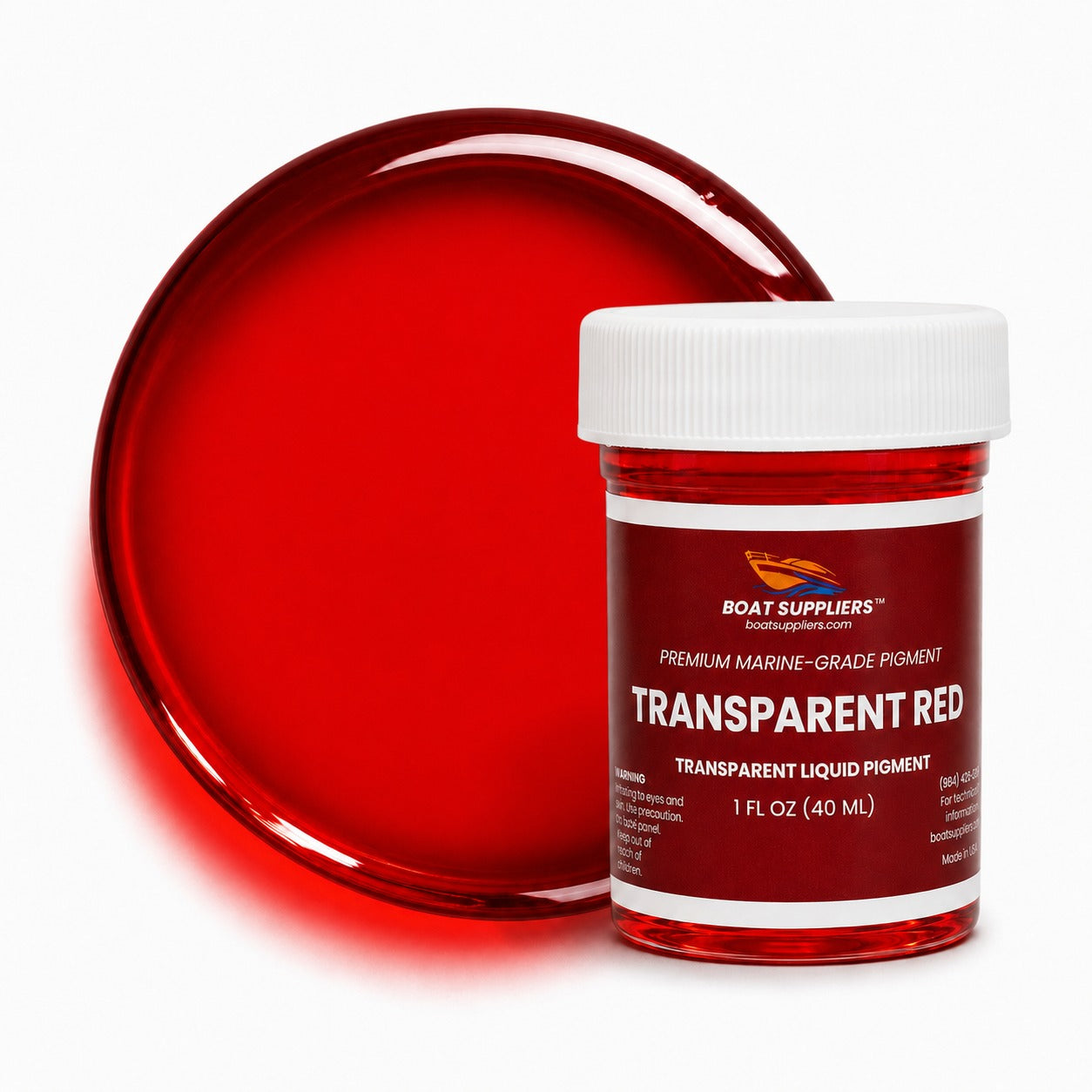 Transparent Red liquid pigment 1 oz jar beside a glossy translucent ruby red pour