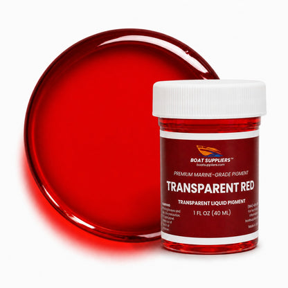 Transparent Red liquid pigment 1 oz jar beside a glossy translucent ruby red pour