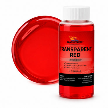Transparent Red liquid pigment 4 oz bottle beside a glossy translucent ruby red pour