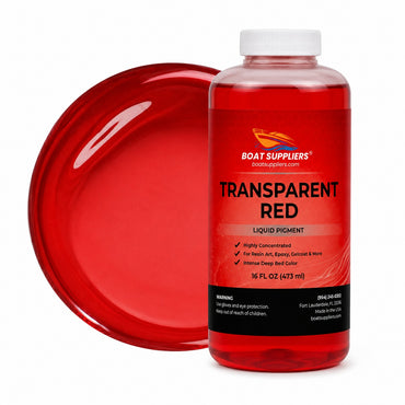 Transparent Red liquid pigment pint bottle beside a glossy translucent ruby red pour