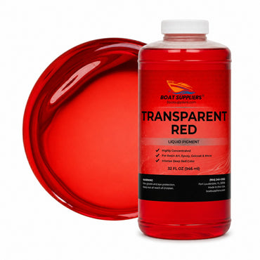Transparent Red liquid pigment quart bottle beside a glossy translucent ruby red pour