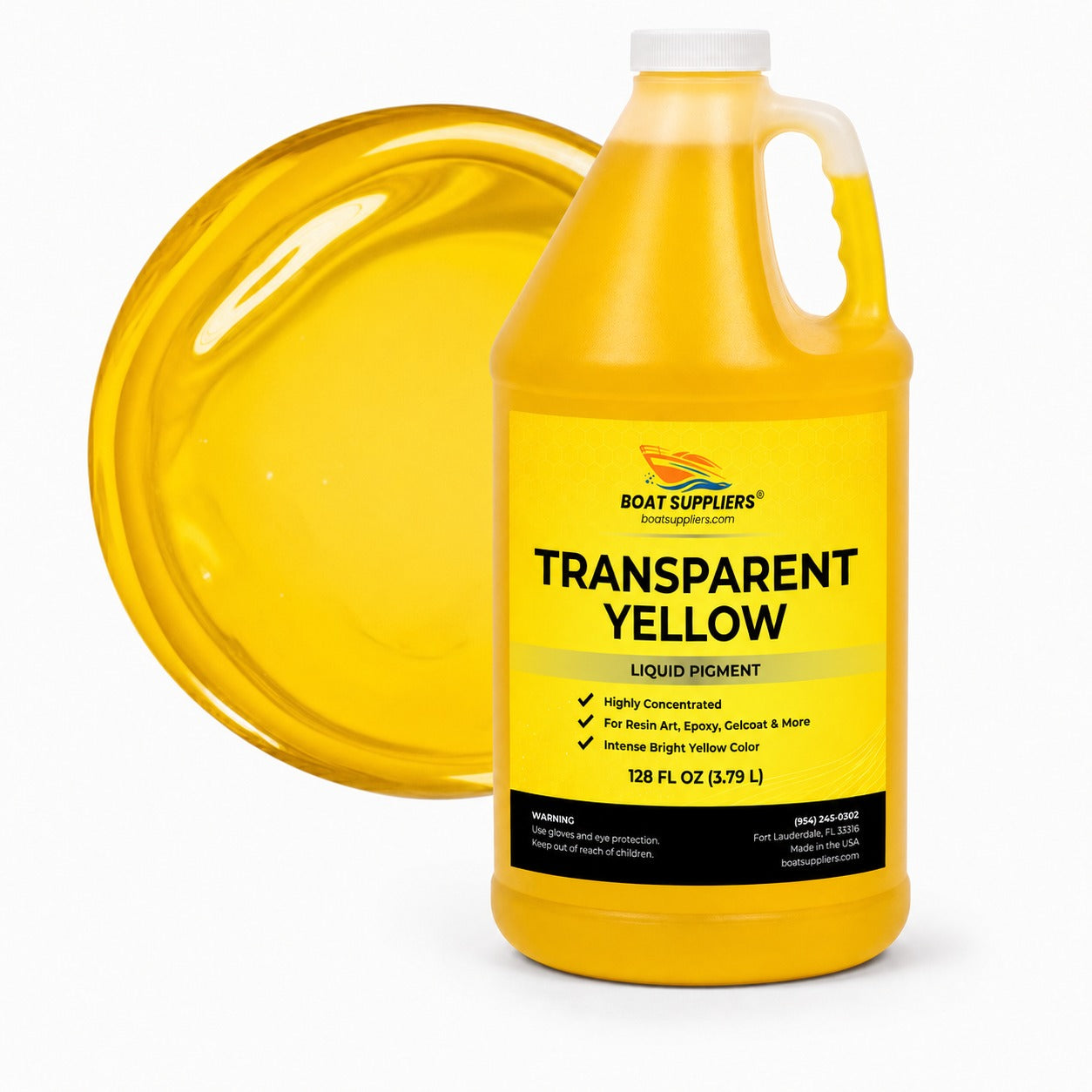 Transparent Yellow liquid pigment 1 gallon jug beside a glossy translucent golden yellow pour