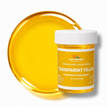 Transparent Yellow liquid pigment 1 oz jar beside a glossy translucent golden yellow pour