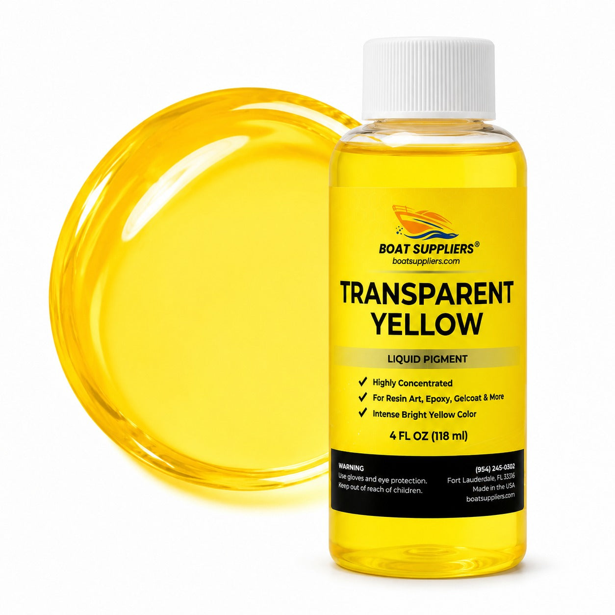 Transparent Yellow liquid pigment 4 oz bottle beside a glossy translucent golden yellow pour