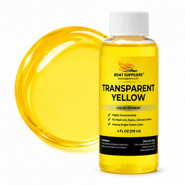 Transparent Yellow liquid pigment 4 oz bottle beside a glossy translucent golden yellow pour