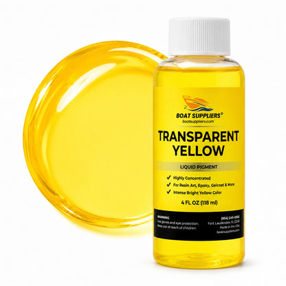 Transparent Yellow liquid pigment 4 oz bottle beside a glossy translucent golden yellow pour
