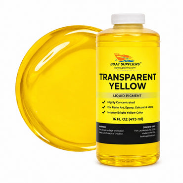 Transparent Yellow liquid pigment pint bottle beside a glossy translucent golden yellow pour