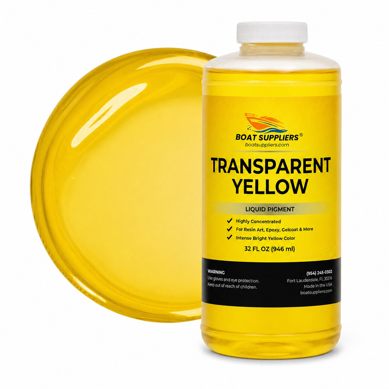 Transparent Yellow liquid pigment quart bottle beside a glossy translucent golden yellow pour