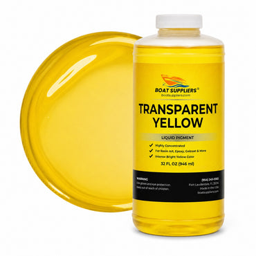 Transparent Yellow liquid pigment quart bottle beside a glossy translucent golden yellow pour