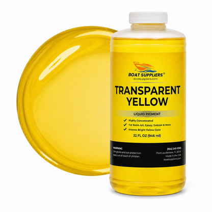Transparent Yellow liquid pigment quart bottle beside a glossy translucent golden yellow pour