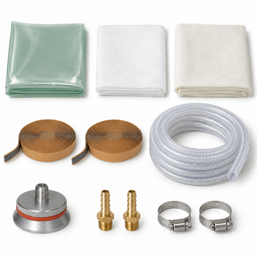 Vacuum bagging starter kit contents: 3 yards each of green nylon bagging film, peel ply and breather cloth, two rolls of sealant tape, 10 feet of braided vacuum hose, an aluminum through-bag connector, two brass hose barbs and two stainless hose clamps