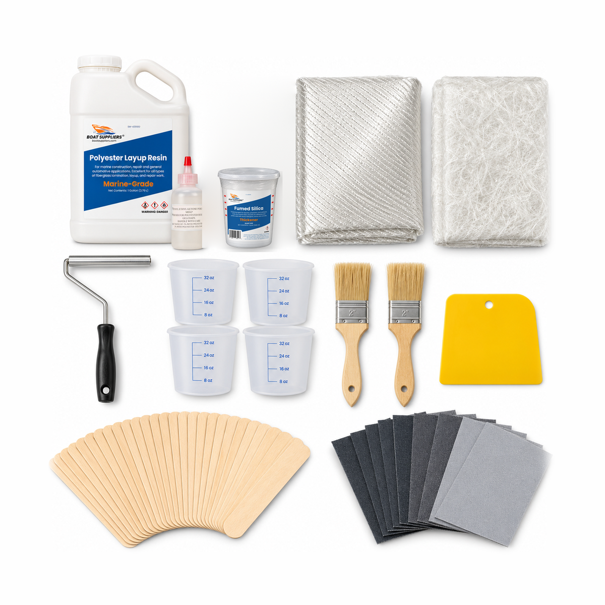 Boat fiberglass repair kit contents: 435 marine polyester layup resin gallon with MEKP, fumed silica, 1708 biaxial, chopped strand mat, laminating roller, quart mixing tubs, chip brushes, spreader, wooden mixing sticks and sandpaper