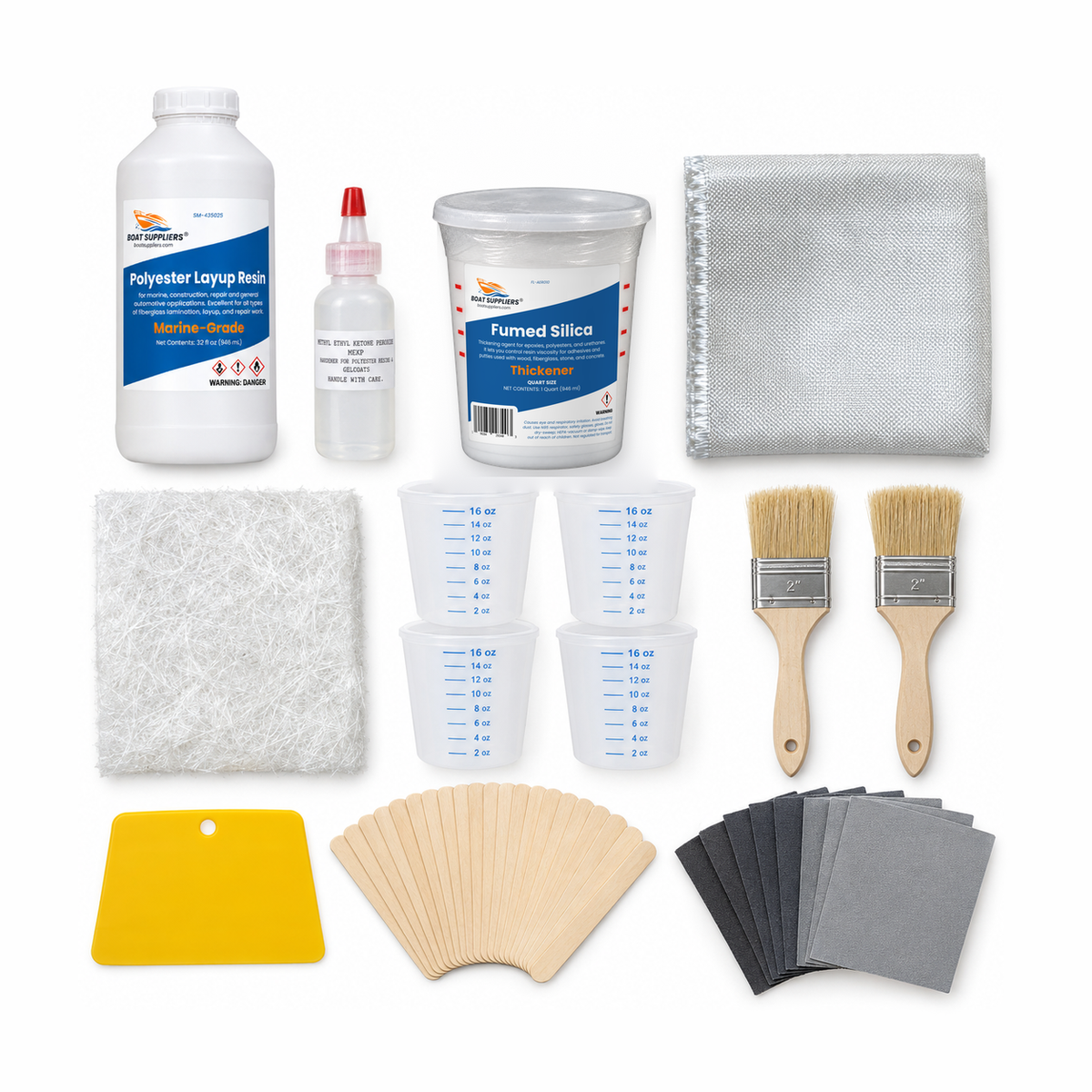 Fiberglass repair kit contents: 435 marine polyester layup resin quart with MEKP, fumed silica, 6 oz cloth, 1.5 oz chopped strand mat, pint mixing tubs, chip brushes, spreader, wooden mixing sticks and sandpaper