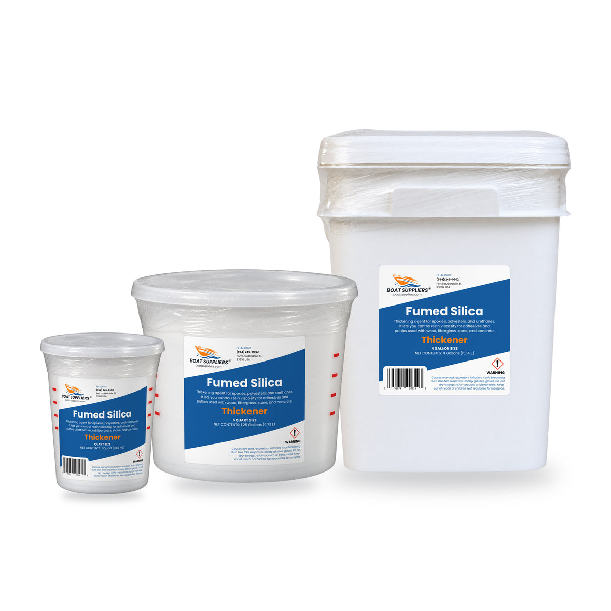 Boat Suppliers fumed silica sizes: 1 quart cup, 5 quart tub and 4 gallon pail