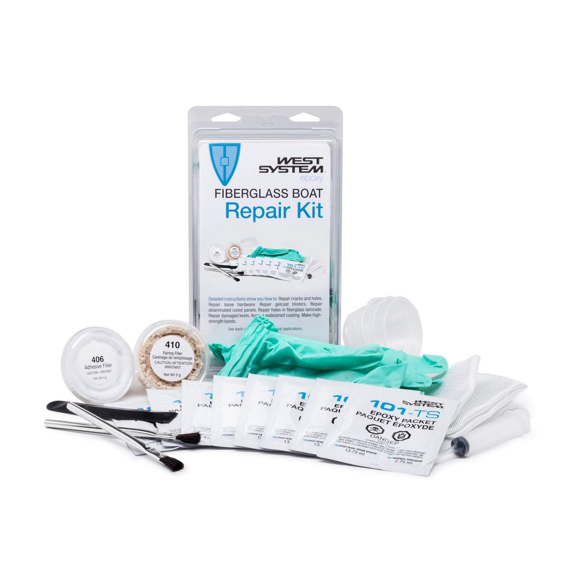 West System 105-K Fiberglass Boat Repair Kit with its contents