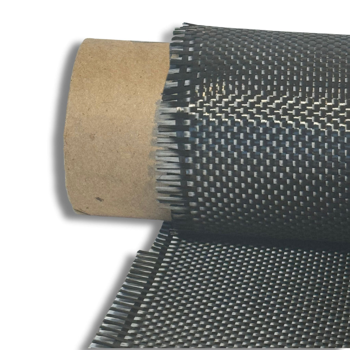 5.7oz 3K plain weave carbon fiber fabric on a cardboard core, showing the over-under checkerboard weave and cut edge.