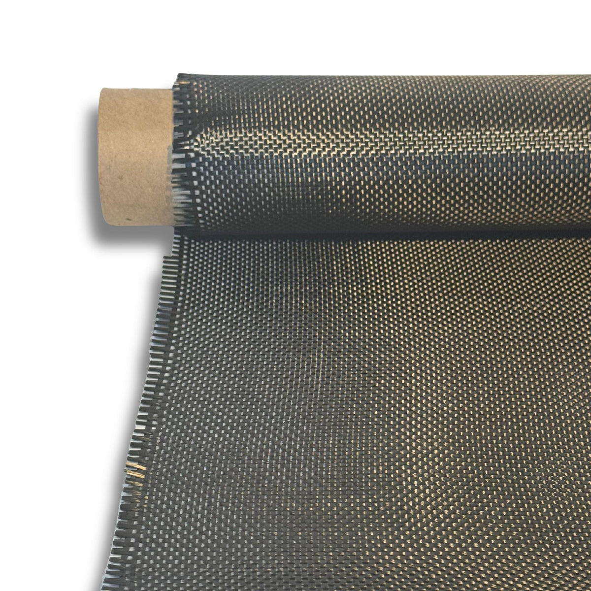 Roll of 5.7oz 3K plain weave carbon fiber fabric partly unrolled from a cardboard core, even checkerboard weave across the width.