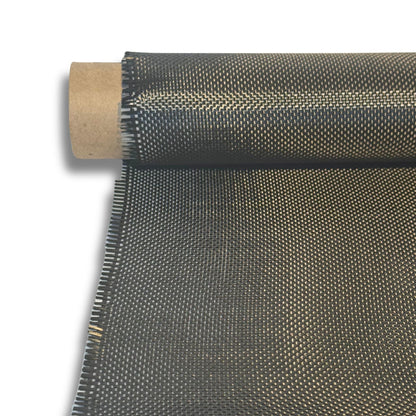 Roll of 5.7oz 3K plain weave carbon fiber fabric partly unrolled from a cardboard core, even checkerboard weave across the width.