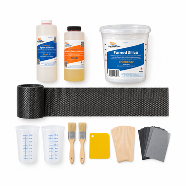 Carbon fiber repair kit contents: 3:1 epoxy resin and medium hardener, 6 inch carbon tape, fumed silica, pint mixing tubs, chip brushes, spreader, wooden mixing sticks and sandpaper