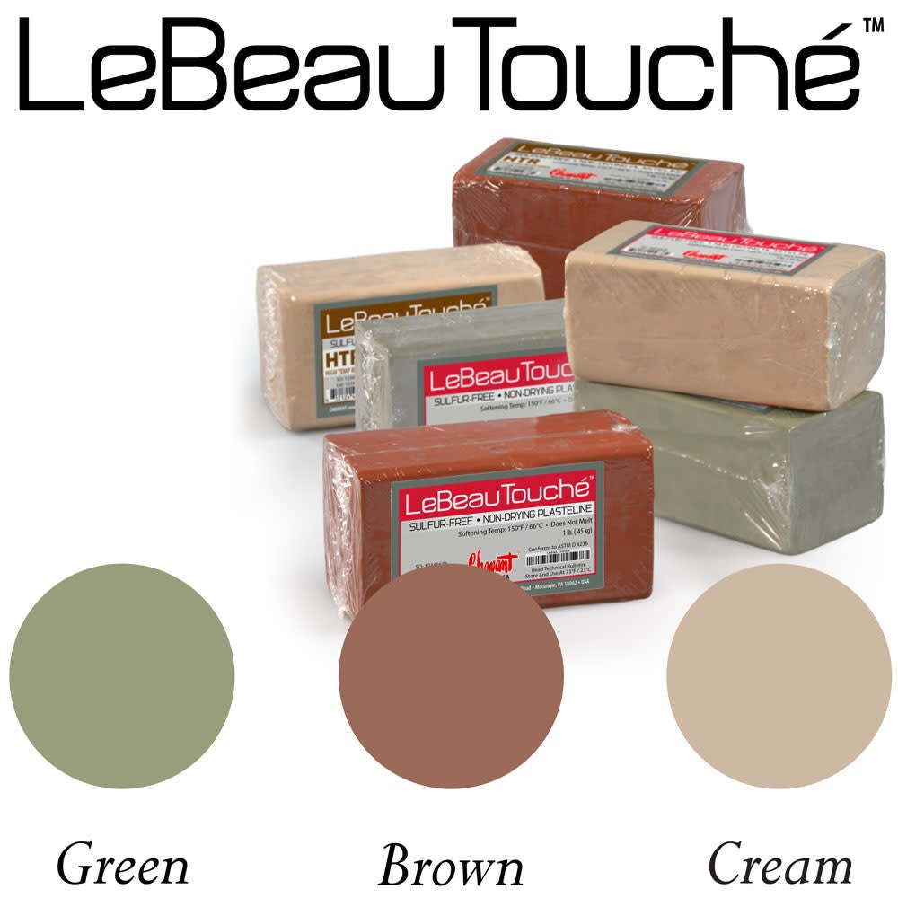 Chavant Le Beau Touche plasteline clay blocks with green, brown and cream color swatches. We stock the green 2 lb block