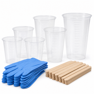 Composite consumables kit with nitrile gloves, graduated mixing cups and stir sticks