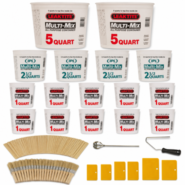 Large fiberglass consumables kit: 5 quart, 2.5 quart and quart mixing tubs, stir paddles, steel drill mixer, fiberglass roller, 24 chip brushes and spreaders