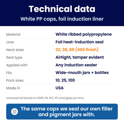 Technical data spec sheet for foil induction seal caps