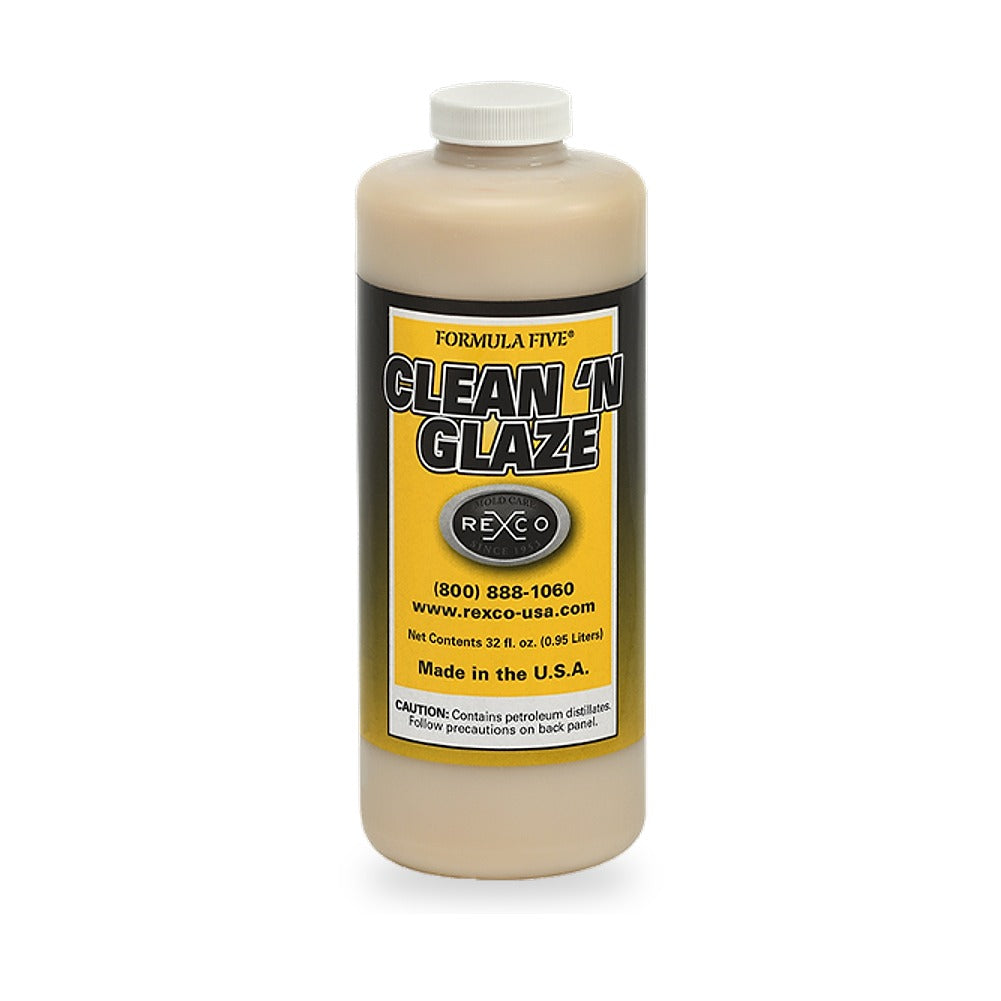 Formula Five Clean 'N Glaze quart bottle, Rexco mold polishing compound and gel coat oxidation remover