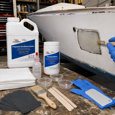 Boat Fiberglass Repair Kit - Professional Grade with Gallon Resin & Roller - kit in use on a repair