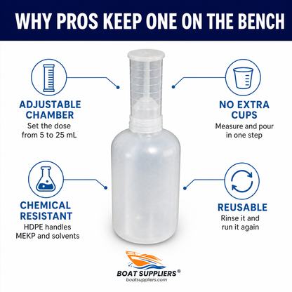 Feature overview: adjustable chamber, no extra cups, chemical resistant HDPE, reusable