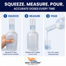 How the dispenser works: squeeze the bottle, liquid settles to your mark, pour a measured dose