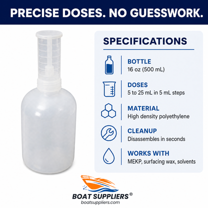 Dispenser bottle specs: 16 oz HDPE bottle, 5 to 25 mL doses in 5 mL steps, disassembles for cleaning