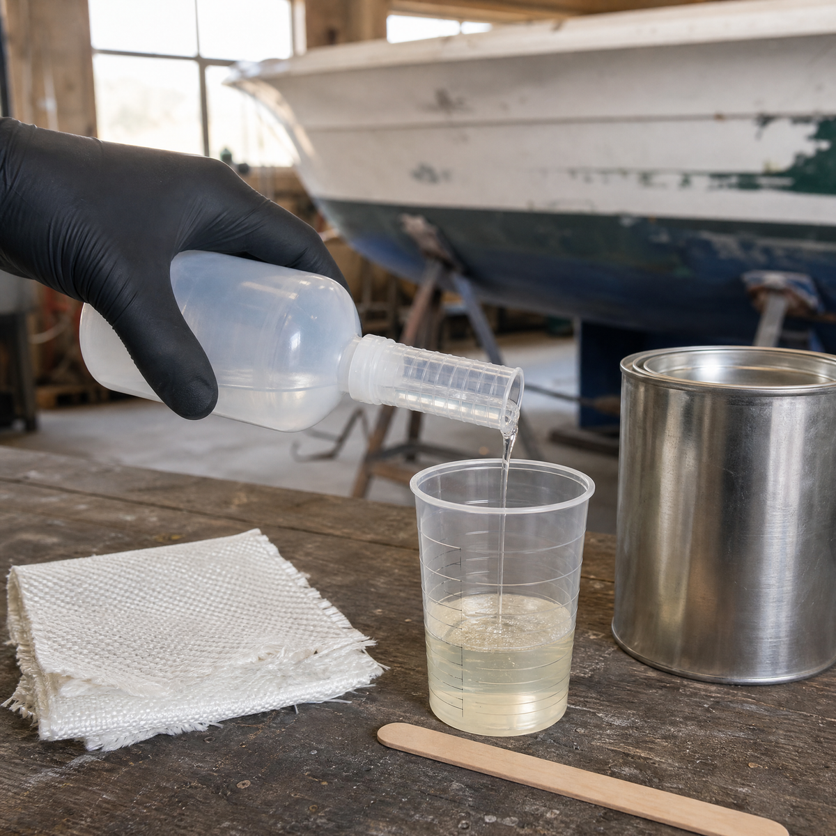 Pouring a measured dose of MEKP catalyst into a mixing cup of polyester resin at a boat repair bench