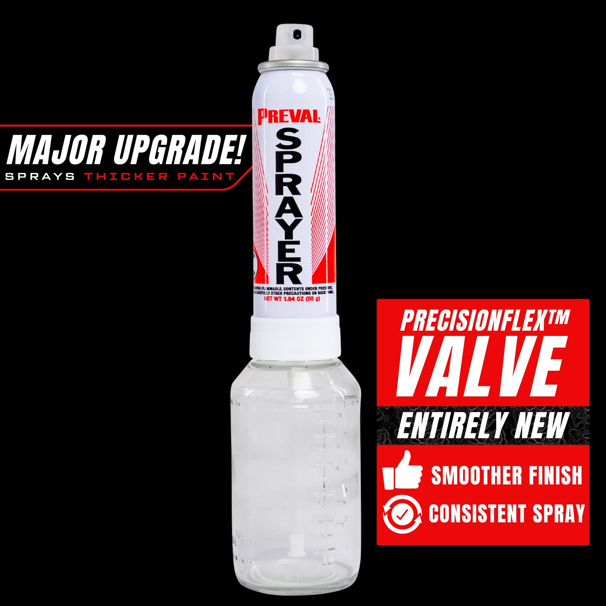 Preval Sprayer feature callouts including the PrecisionFlex valve and insert