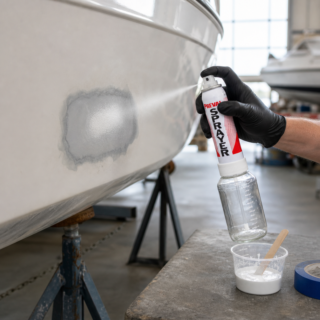 Spraying gelcoat on a fiberglass hull repair with the Preval Sprayer at a boat shop