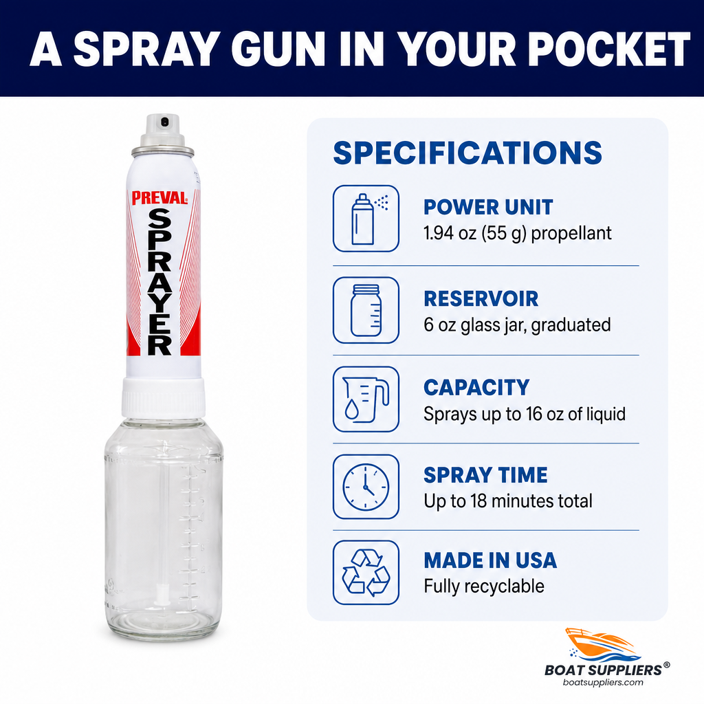 Preval Sprayer specs: 1.94 oz power unit, 6 oz glass jar, sprays up to 16 oz of liquid