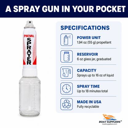 Preval Sprayer specs: 1.94 oz power unit, 6 oz glass jar, sprays up to 16 oz of liquid