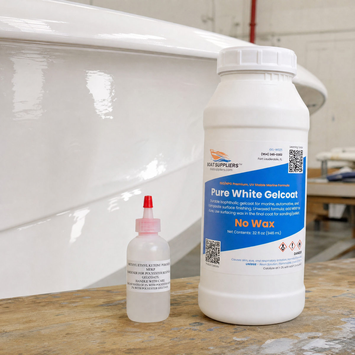 Pure White Gelcoat with Hardener - No Wax - fresh gelcoat surface